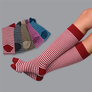 Women's poppy red mid-calf ribbed cotton socks with two-tone stripes